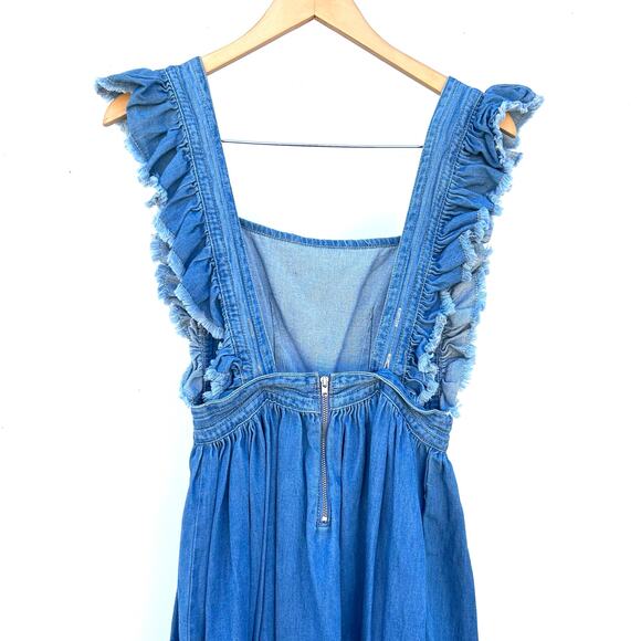 Silence + Noise Denim Jean Apron Midi Dress Fringe Boho Cottagecore XS Cotton - Picture 7 of 10